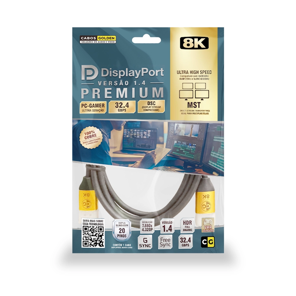 CABO DISPLAYPORT 1.4 8K 60HZ ULTRA HIGH SPEED COM HDR, DSC E ADAPTIVE SYNC (CG) – 1,8M