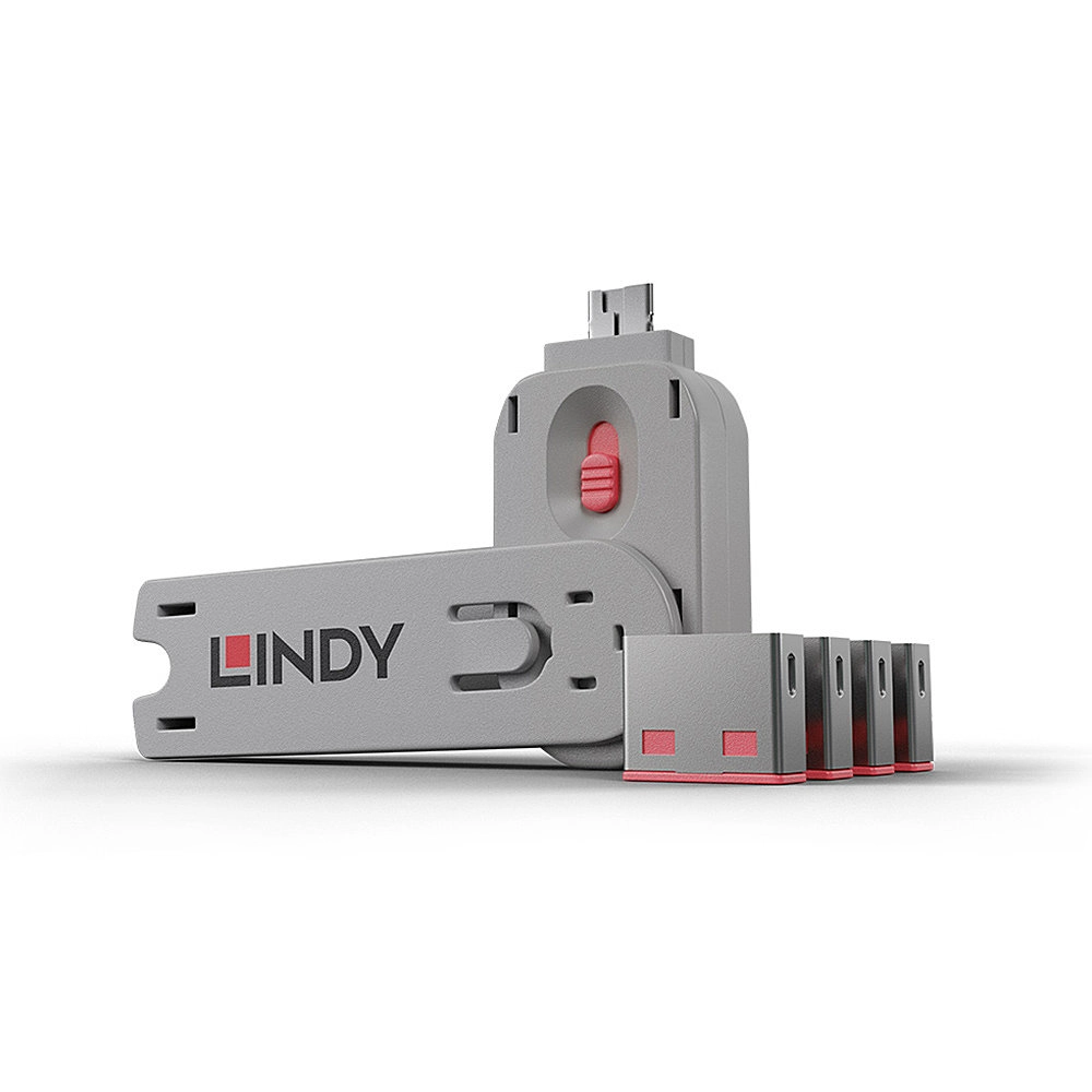 BLOQUEADOR DE PORTA USB-A 1-CHAVE E 4-BLOKERS - VERMELHO (LINDY)