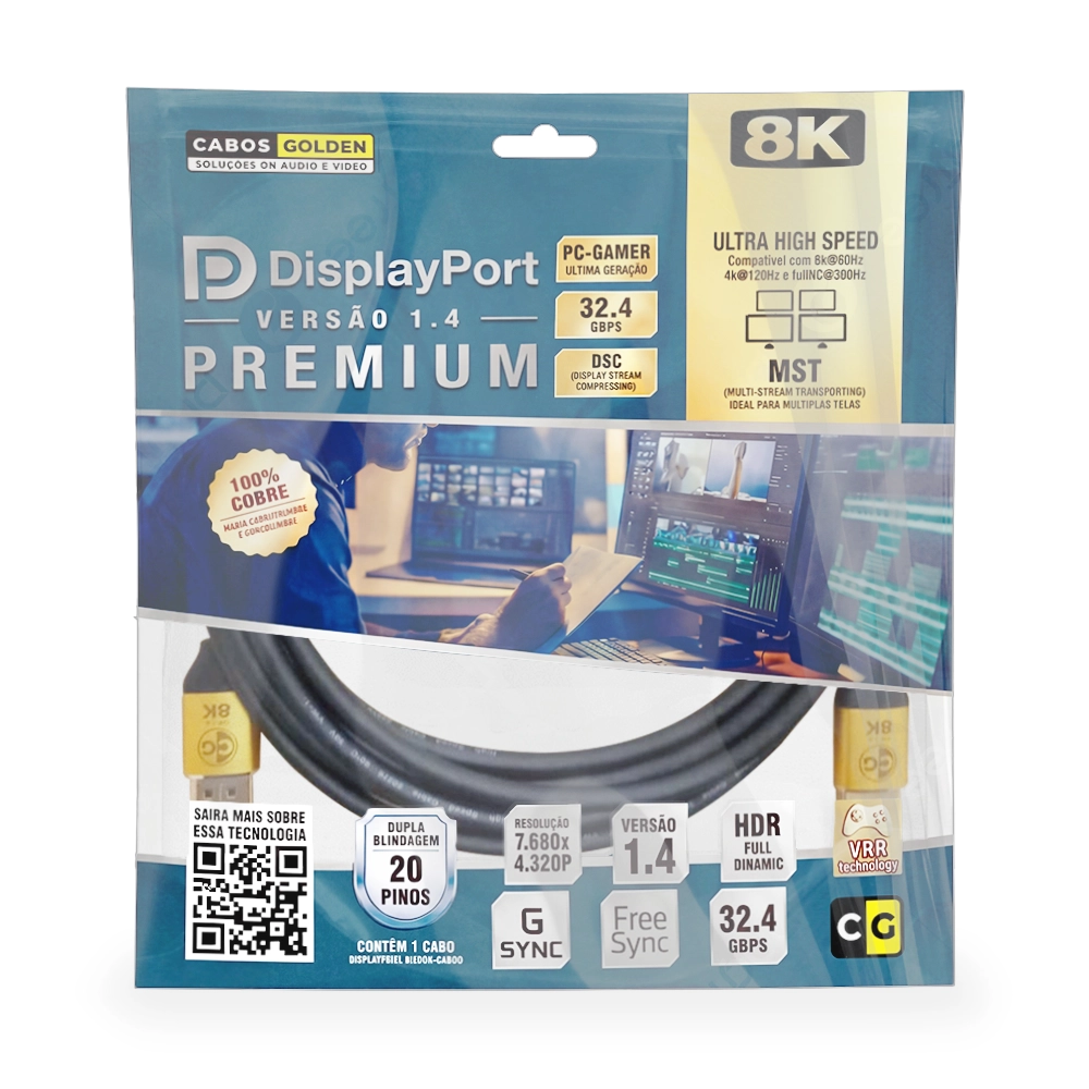CABO DISPLAYPORT 1.4 8K 60HZ ULTRA HIGH SPEED COM HDR, DSC E ADAPTIVE SYNC (CG) – 5M