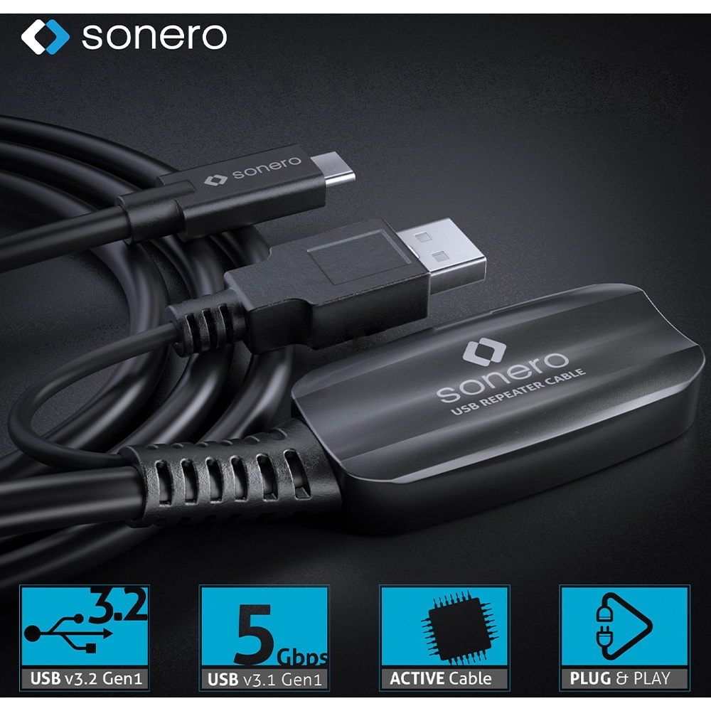 CABO EXTENSOR AMPLIFICADO USB-C MACHO X USB-C FEMEA 3.2 COM INJEÇÃO USB-A 5V (SONERO) - 10M
