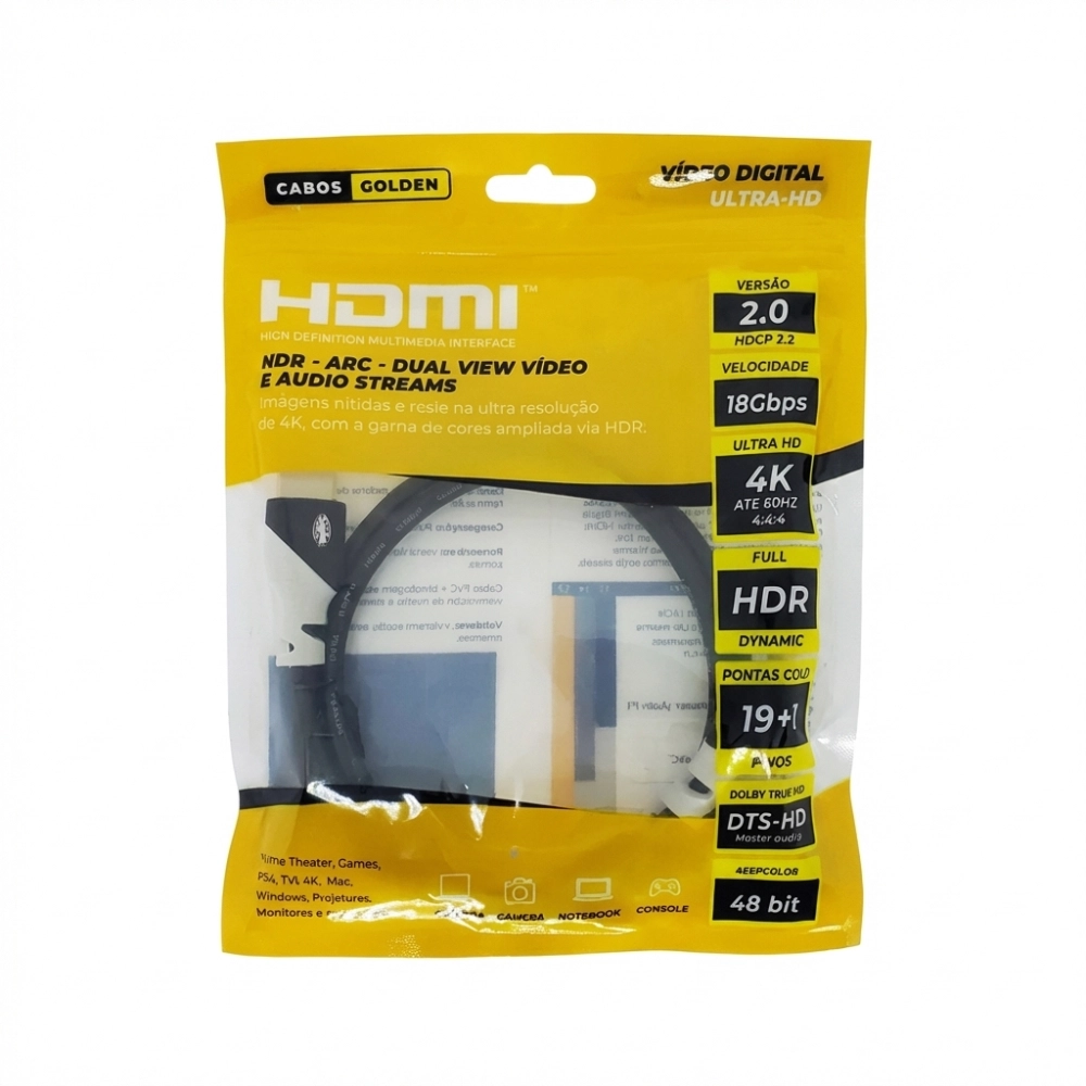 Cabo HDMI 2.0 4K 60Hz HDR 18Gbps 1m - 100% Cobre Premium (Cabos Golden)