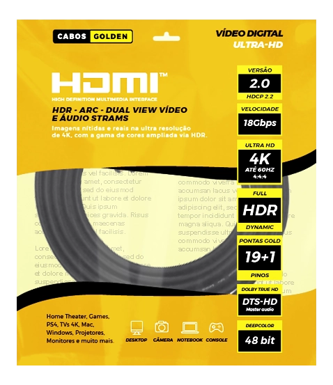Cabo HDMI 2.0 FULL HD 1080p 60HZ de 19+1 Vias (CABOS GOLDEN) 10 Metros