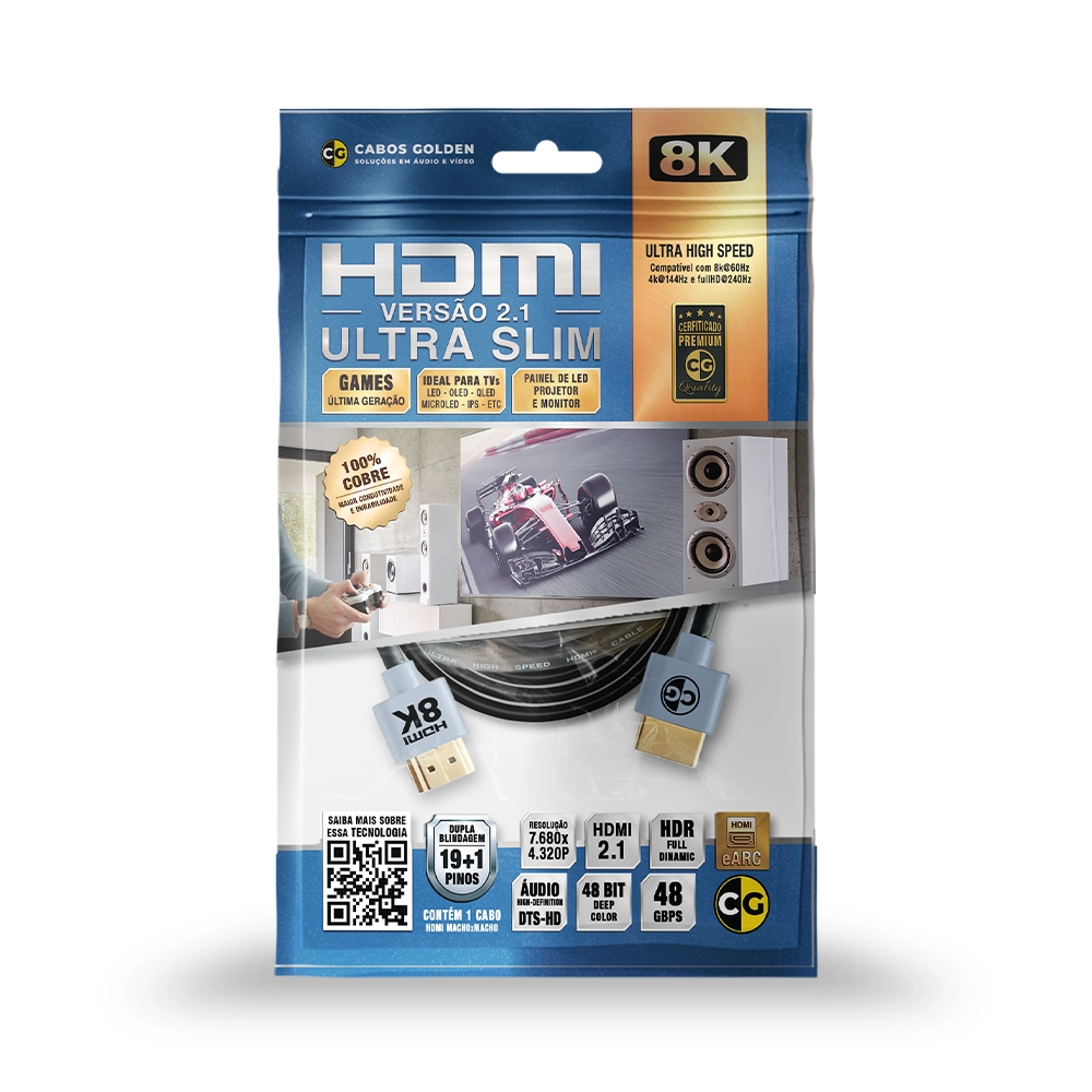 Cabo HDMI 2.1 8K 60HZ HDR 48GBPS Com fio Slim de 4,5MM 100% Cobre (Cabos Golden) - 50cm