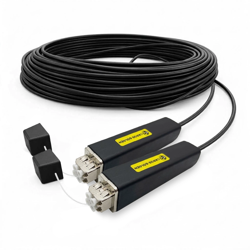 Cabo Óptico Multimodo 4LC/UPC Fêmea x 4LC/UPC Fêmea 4 Vias de 100m. com 4 Cordões Ópticos 2LC/UPCD Duplex OM3 de 2,5m.