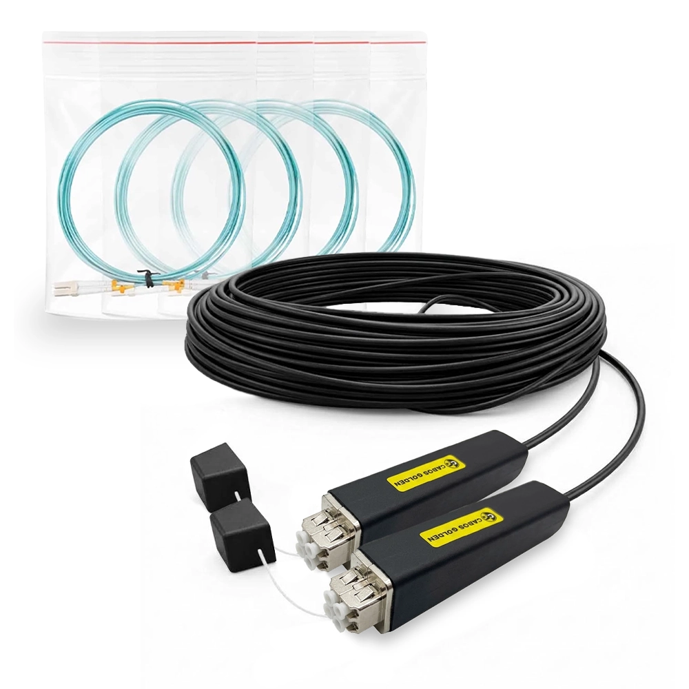 Cabo Óptico Multimodo 4LC/UPC Fêmea x 4LC/UPC Fêmea 4 Vias de 150m. com 4 Cordões Ópticos 2LC/UPCD Duplex OM3 de 2,5m.