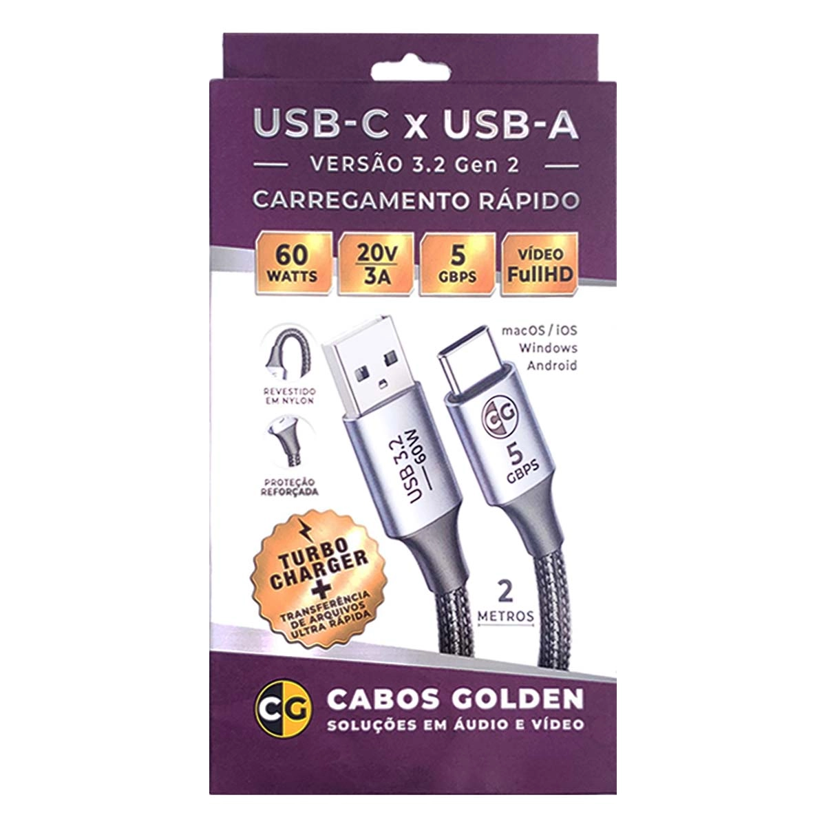 CABO USB-A MACO X USB-C MACHO 3.2 5G 60W (CG) - 2M