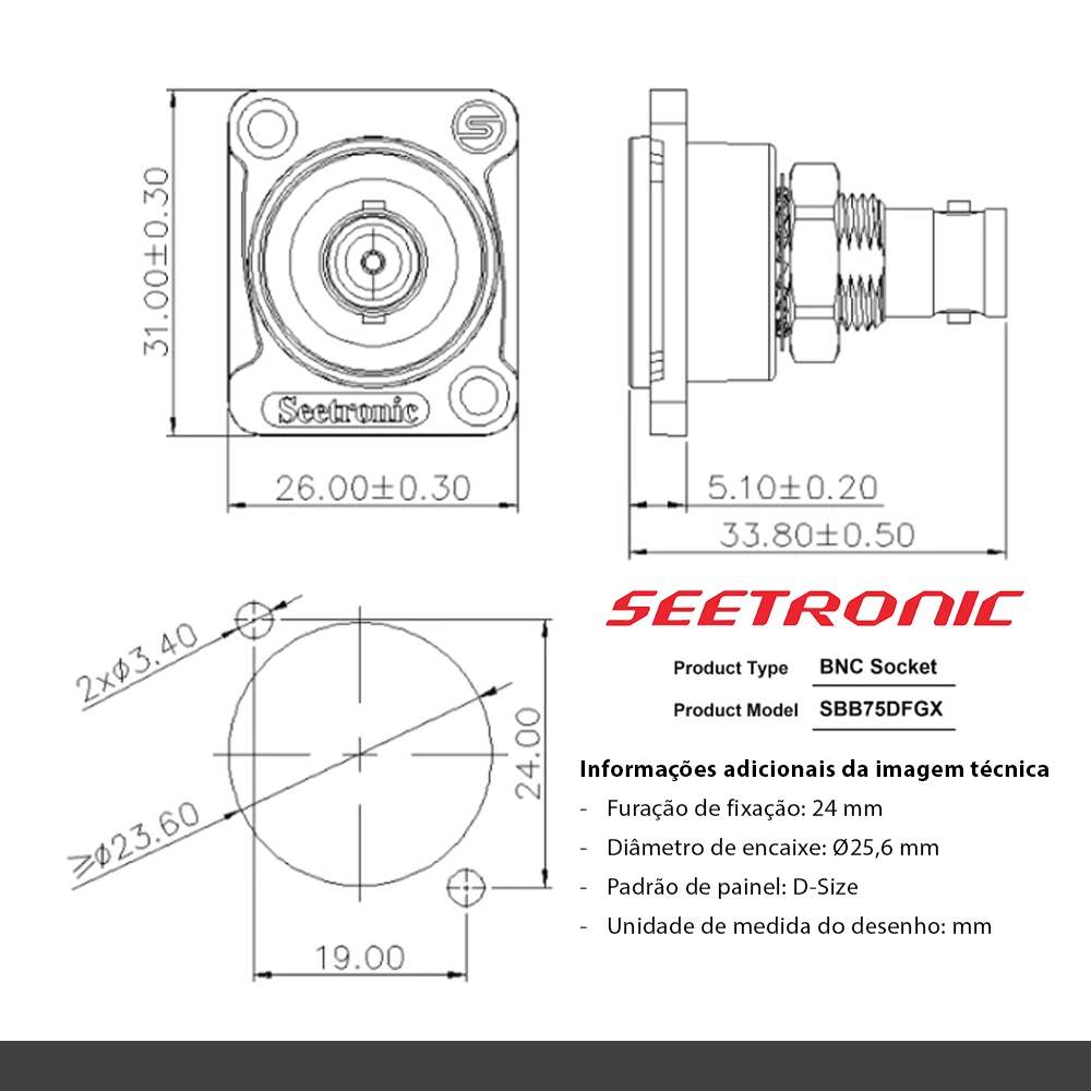 CONECTOR BNC SDI PAINEL UHD 75 OHM (SEETRONIC)