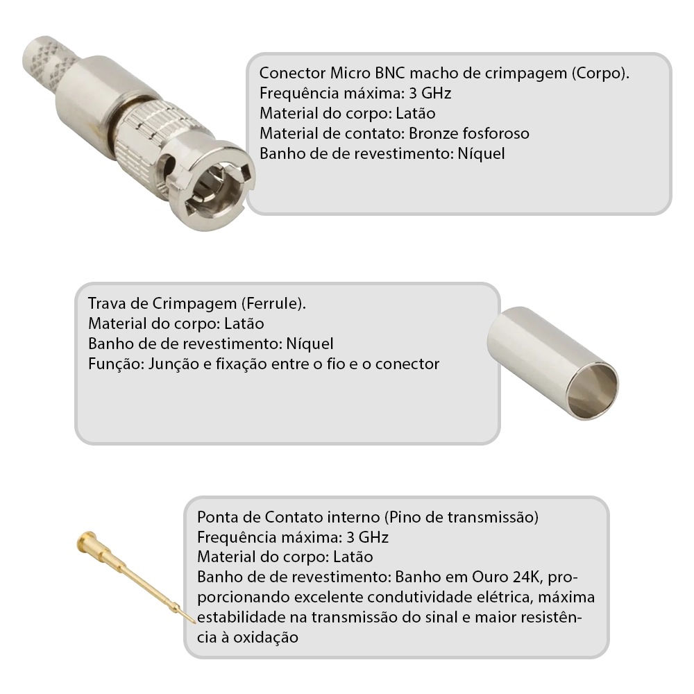 Conector Micro BNC SDI 1.0/2.3 Macho RG59 de Crimpar Com Trava (Cabos Golden)