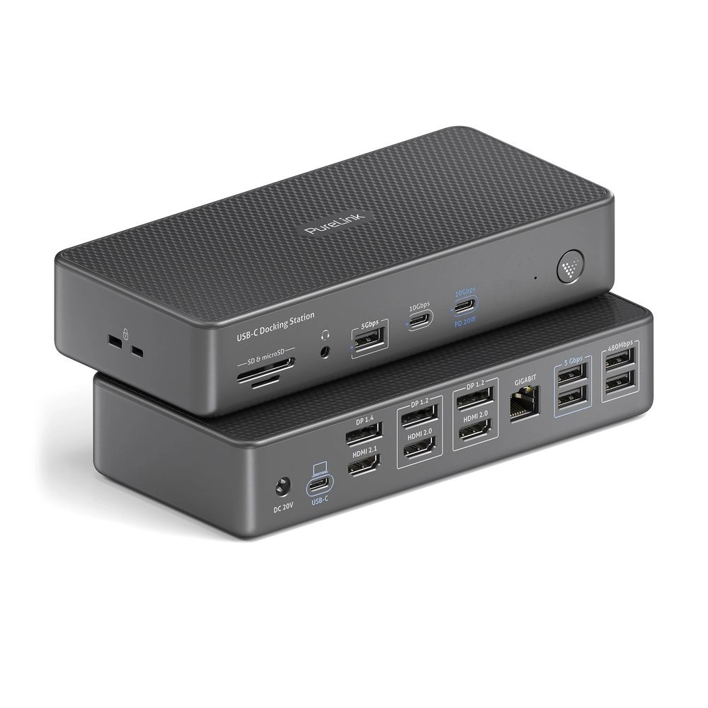 Docking Station HDMI 2.1 e Displayport 1.4 á 8K 30Hz e 4K 60Hz com USB 3.2 e 2.0 14 em 1 (PURELINK)