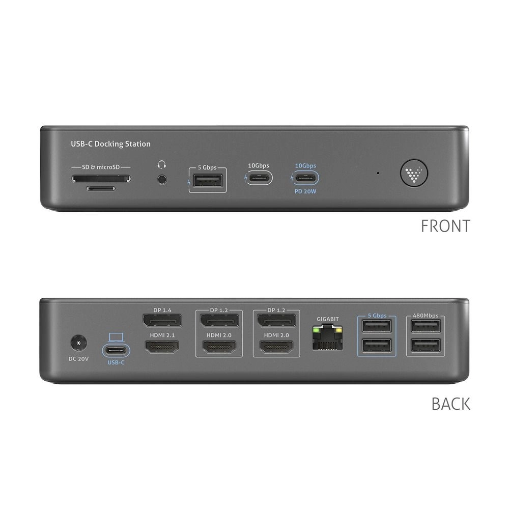 Docking Station HDMI 2.1 e Displayport 1.4 á 8K 30Hz e 4K 60Hz com USB 3.2 e 2.0 14 em 1 (PURELINK)