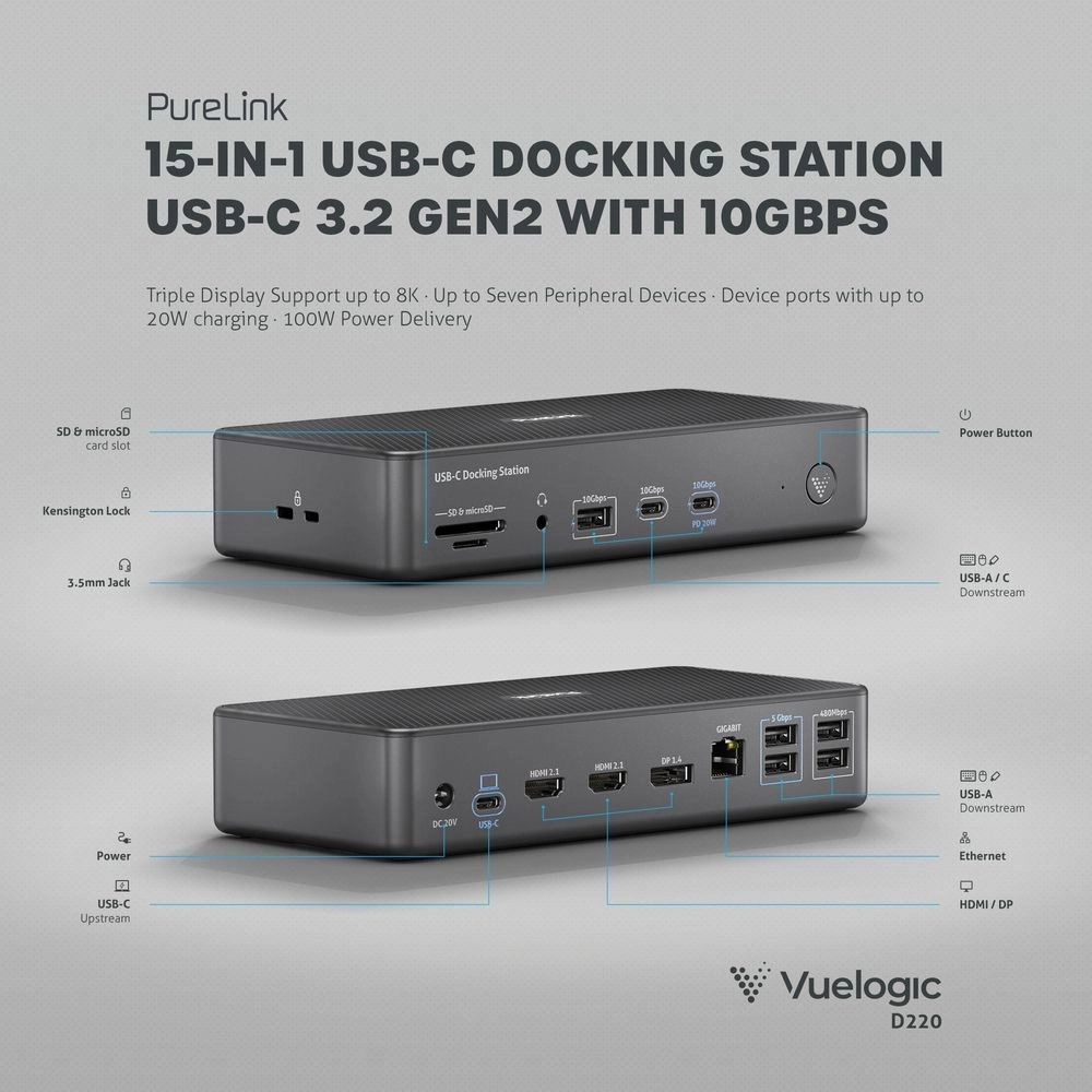 Docking Station USB-C 3.2 e HDMI 2.1 8k 30hz 15 em 1 (PURELINK)