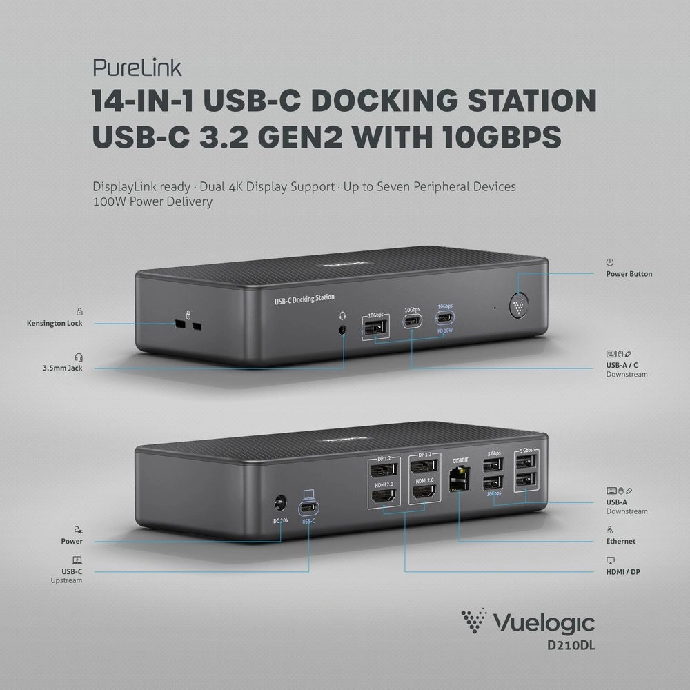 Docking Station USB-C 4K com Ethernet Gigabit (PURELINK)