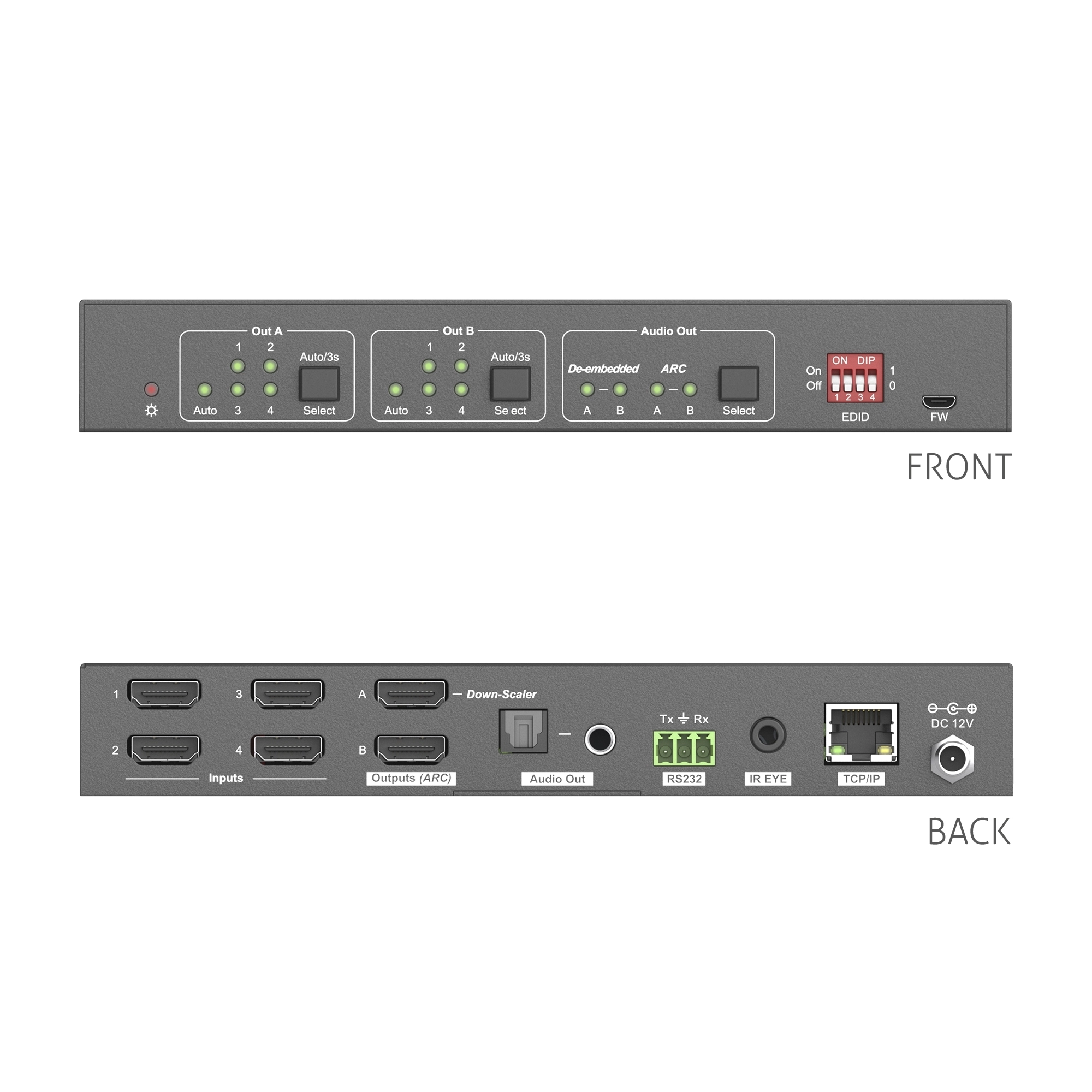 Matrix HDMI 4x2 4K 60Hz 18Gbps com Escalador e Saída de áudio ARC (Purelink)