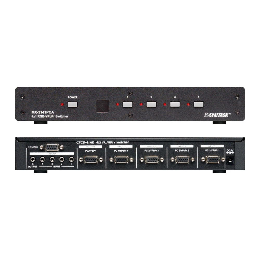 Seletot e Switcher VGA 4x1 com entrada de aúdio individual P2 e RS232 1U (TV ONE)