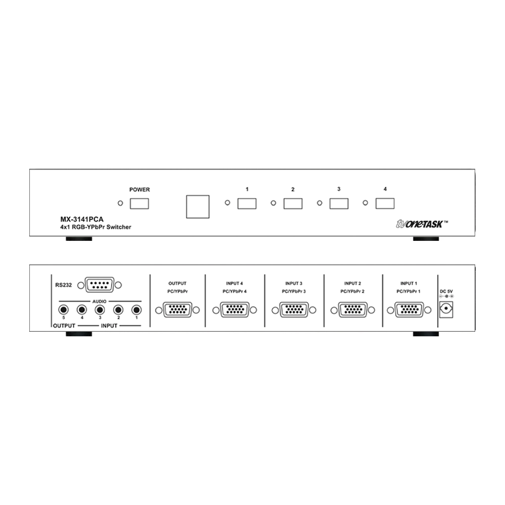Seletot e Switcher VGA 4x1 com entrada de aúdio individual P2 e RS232 1U (TV ONE)